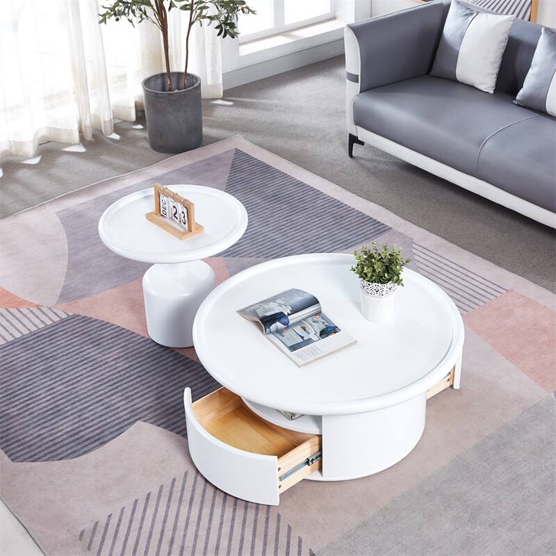 2 Pieces White MDF Round Coffee Table Set for Living Room