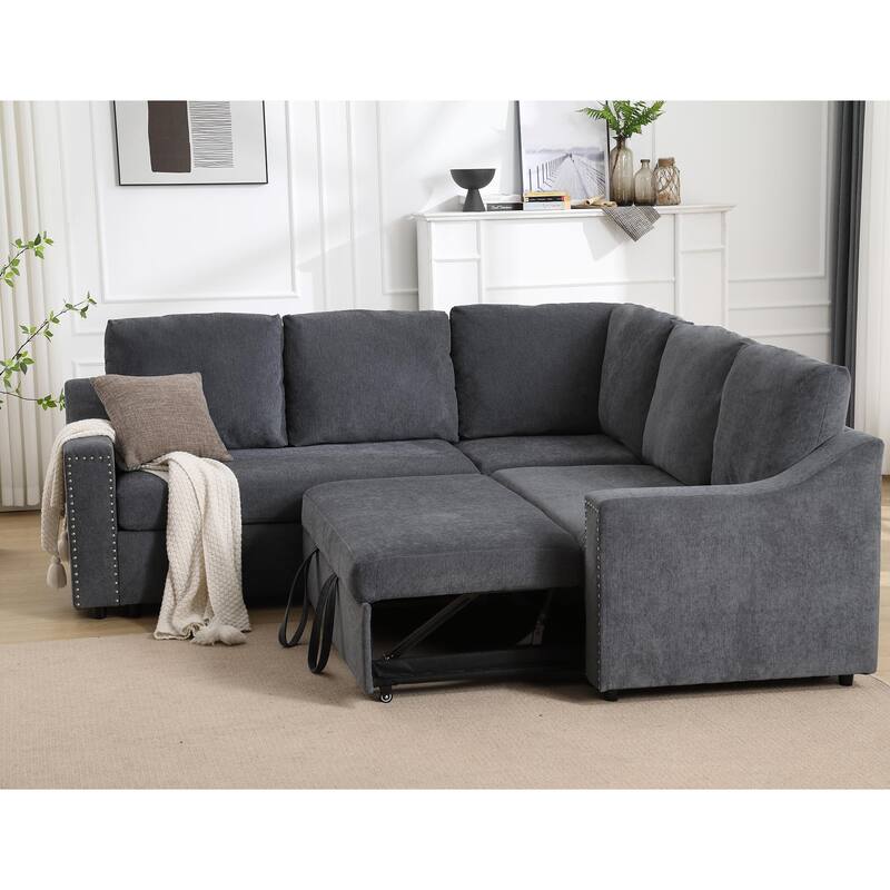 81.5'' L-Shaped 5-Seat Sectional Sofa with Pull-Out Bed and 6 Cushions, Multifunctional Corner Couch for Living Area