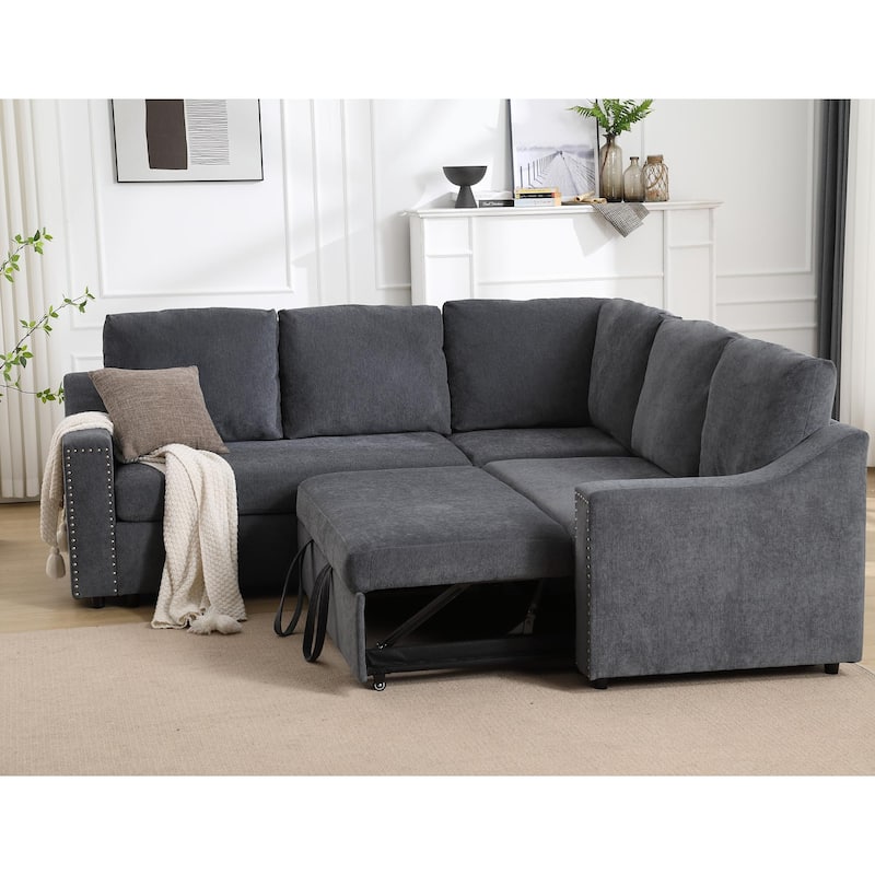 Corner Sleeper Sofa with Pull-Out Bed, Chenille Fabric, L-Shaped Design