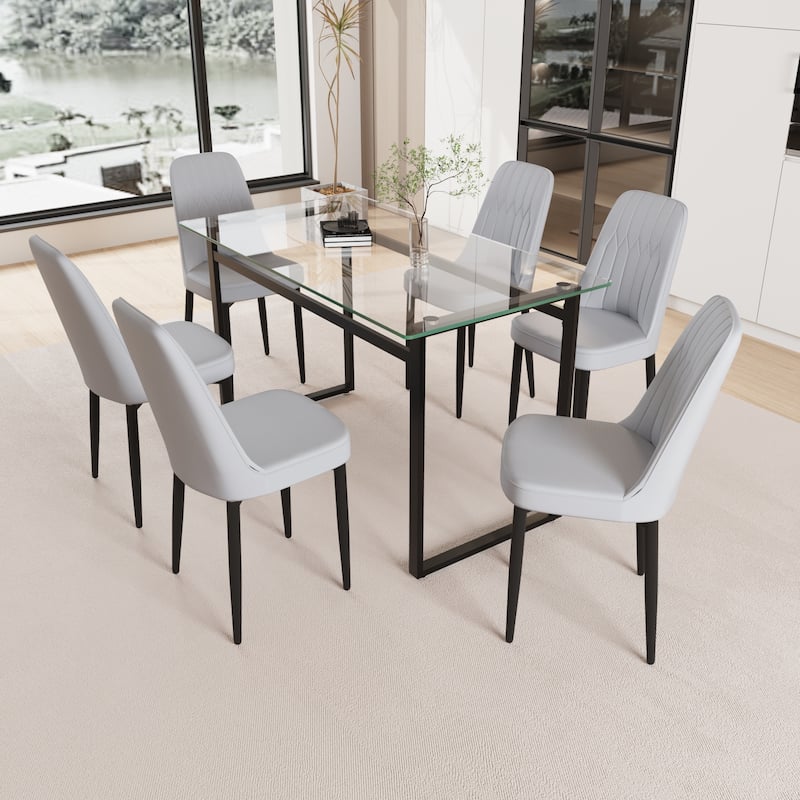 Modern Dining Set with Rectangular Glass Table & PU Upholstered Chairs