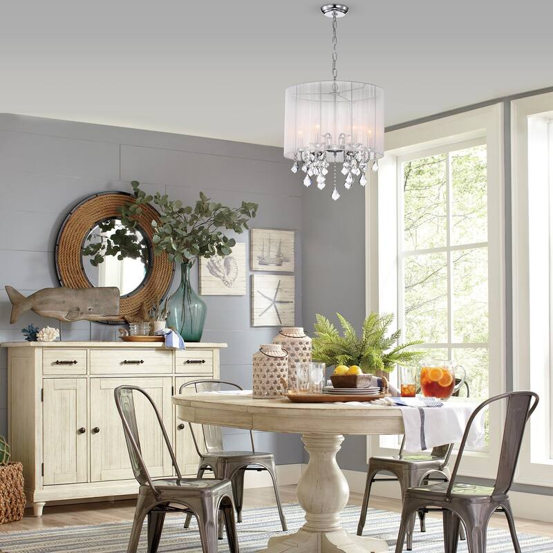 Chrome 6 -Light White Threaded Drum Shade Chandelier with Crystal