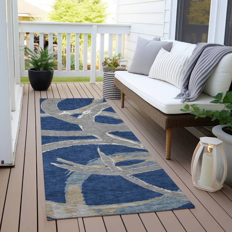 Machine Washable Indoor/ Outdoor Abstract Contemporary Chantille Rug - Navy - 2'3" x 7'6"