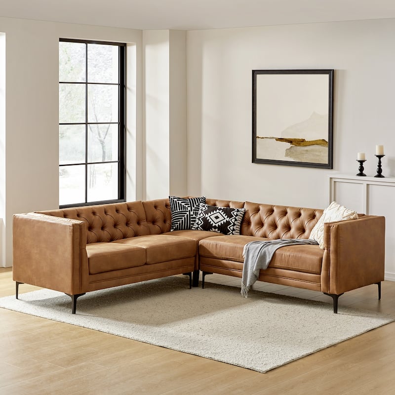 Moira Transitional Genuine Leather Corner Sectional with tufted Back and Metal Leg by HULALA HOME - Camel