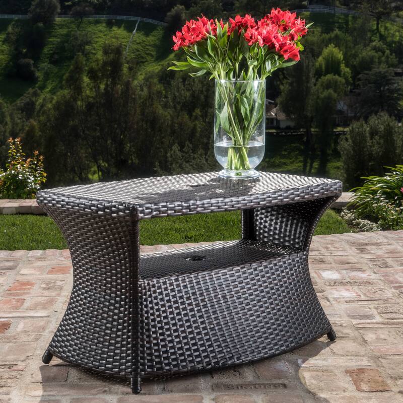 Roomfitters Berkeley Outdoor Wicker Chaise Lounge Side Table with Umbrella Holder and Serving Shelf
