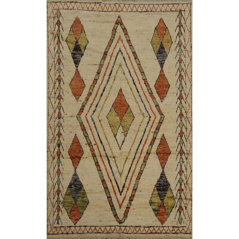 Hand Knotted Oriental 100% Wool Carpet Modern Tribal Beige & Ivories Moroccan Area Rug - 10' 3'' X 7' 0''