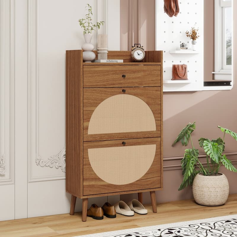 Rattan 2 Door 1 Drawer Shoes Cabinet, Shoe Rack, Double Layer, Suitable for Entrance