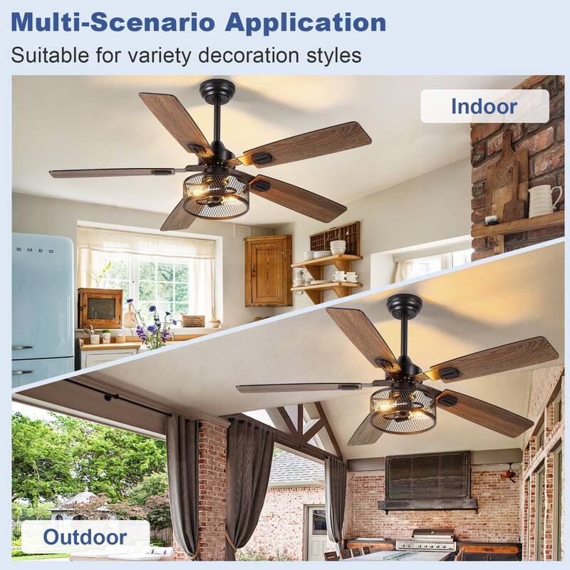 42-52Inch Caged Ceiling Fans with Lights: Dual Finish 5 Blades - Rustic with Remote Control (E26 Bulb Included)