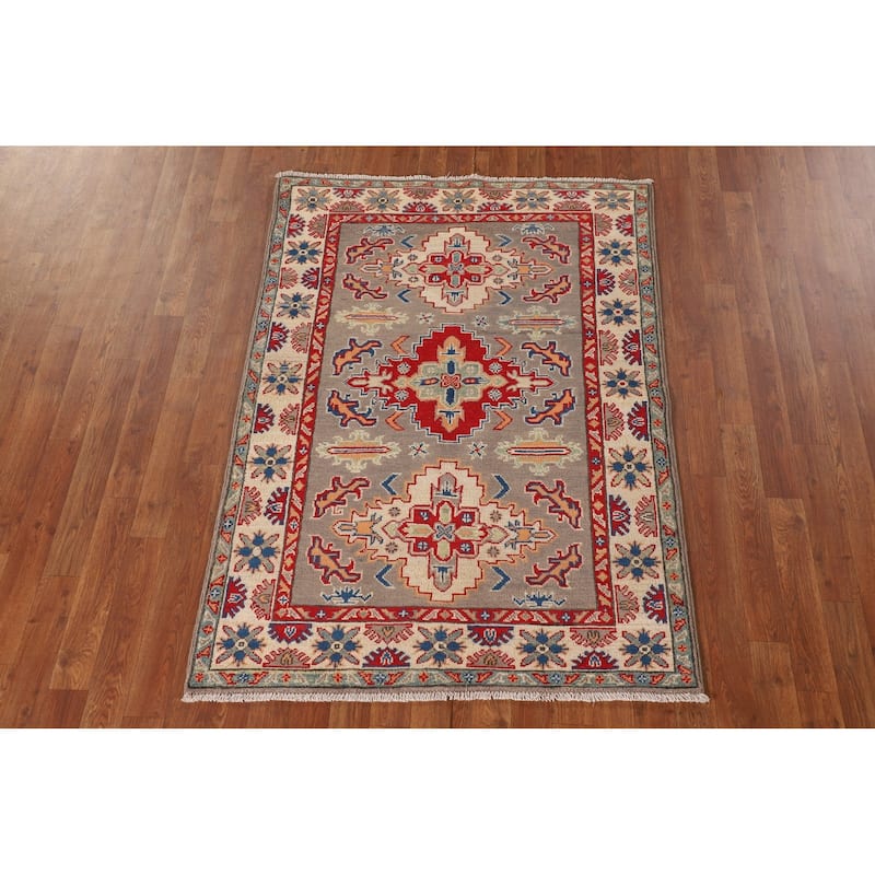 Geometric Grey Kazak Accent Rug Hand-Knotted Wool Carpet - 3'8"x 4'11"