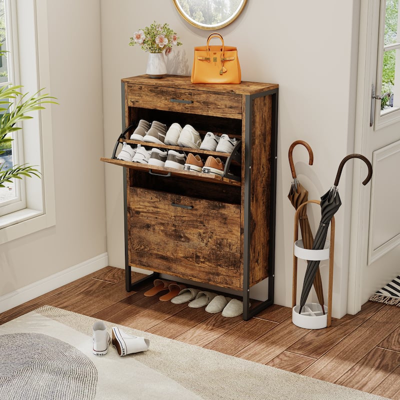 Wood Shoe Storage Cabinet for Entryway, 2 Flip Drawers Shoe Rack, Freestanding Hidden Shoe Organizer Holds up to 10 Pairs