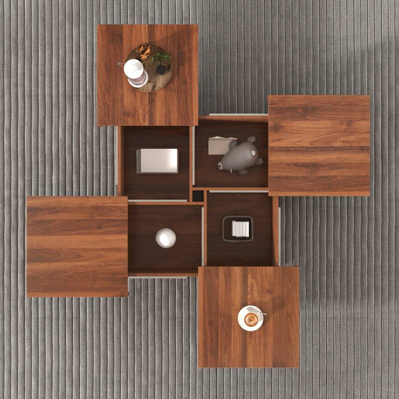 Modern Square Extendable Coffee Table with Sliding Top, Cocktail Table Center Table with 4 Hidden Storage Compartments for Home