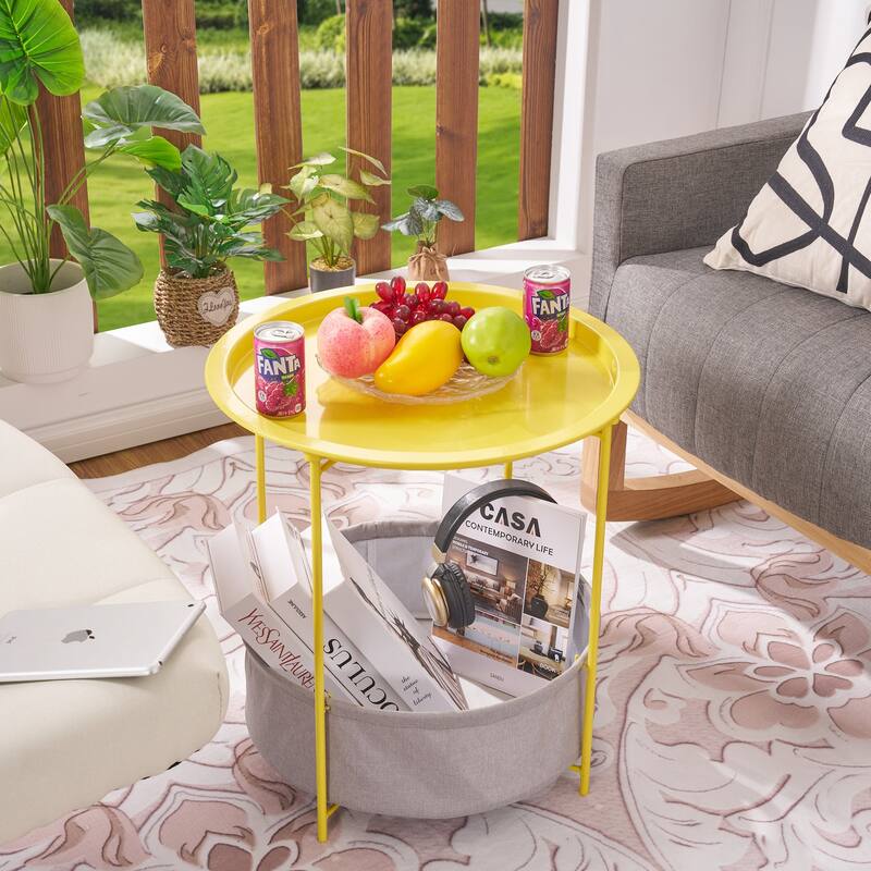 VECELO Small Round Side Table with Removable Tray & Fabric Storage Bin Easy 5-Min Assembly for Living Room Bedroom