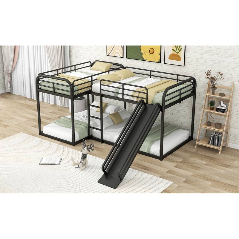L-Shaped Full and Twin Bunk Bed with Slide, Ladder, and Metal Frame, Black
