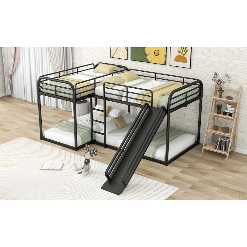 Roomfitters L-Shaped Full and Twin Bunk Bed with Slide, Short Ladder and Space-Saving Design