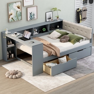 Full Size Wood Platform Bed with Storage Shelves, Drawers, Charging Station and Upholstered Headboard, Gray