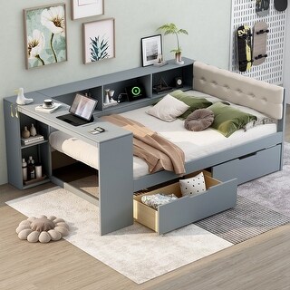 Wood Full Size Platform Bed with Storage Shelves, Drawers, Charging Station and Upholstered Headboard, Gray