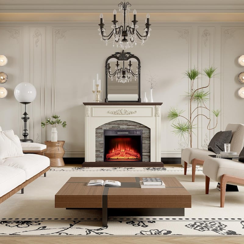 78 inch Electric Fireplace Mantel Fireplace TV Stand Entertainment Center with 30 inch Fireplace Insert Heater and Storage