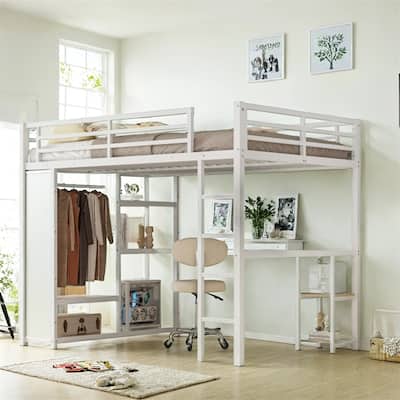 Queen Size Loft Bed Frame w/Built-in Wardrobe,Metal Loft Bed w/Desk