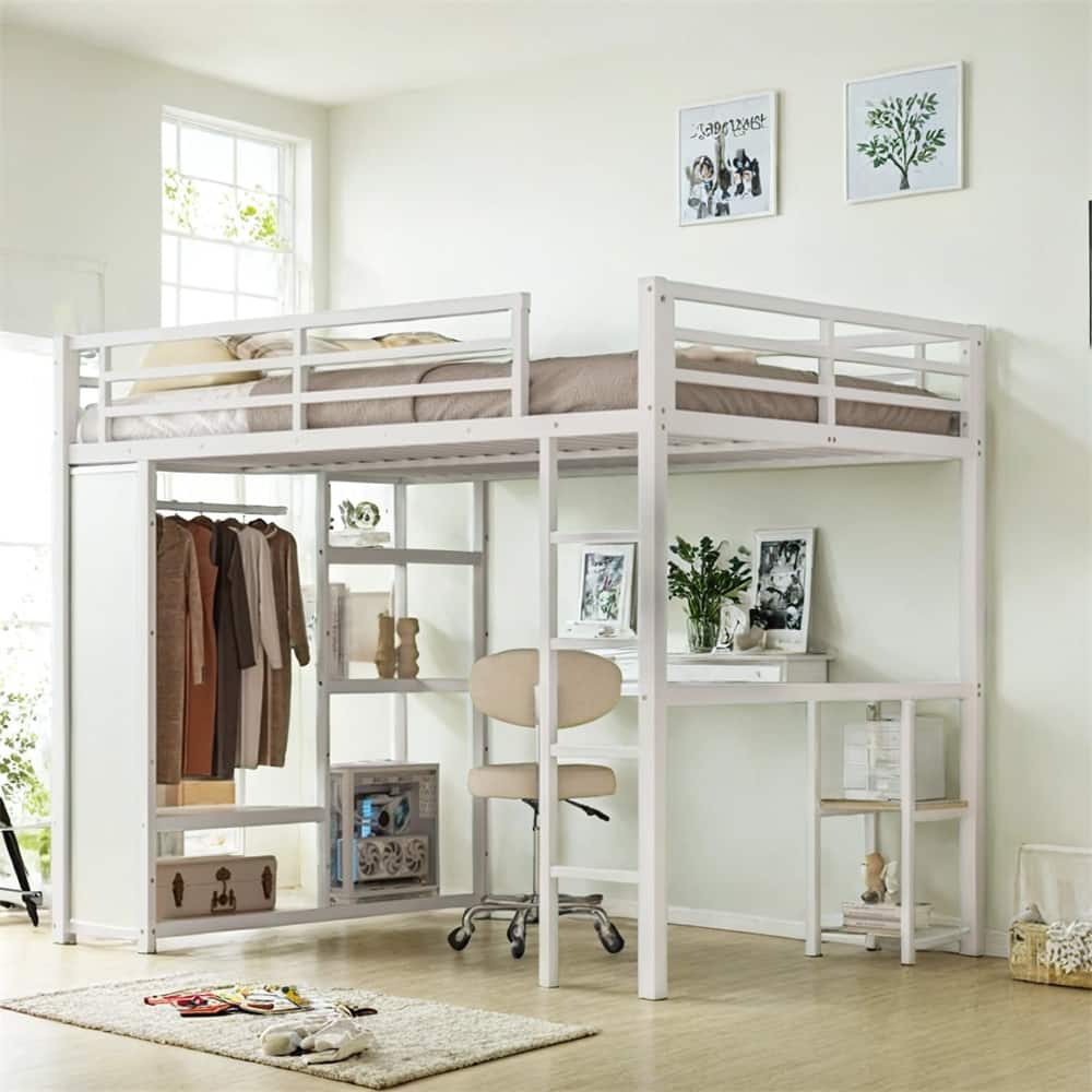 Queen Size Loft Bed Frame w/Built-in Wardrobe,Metal Loft Bed w/Desk