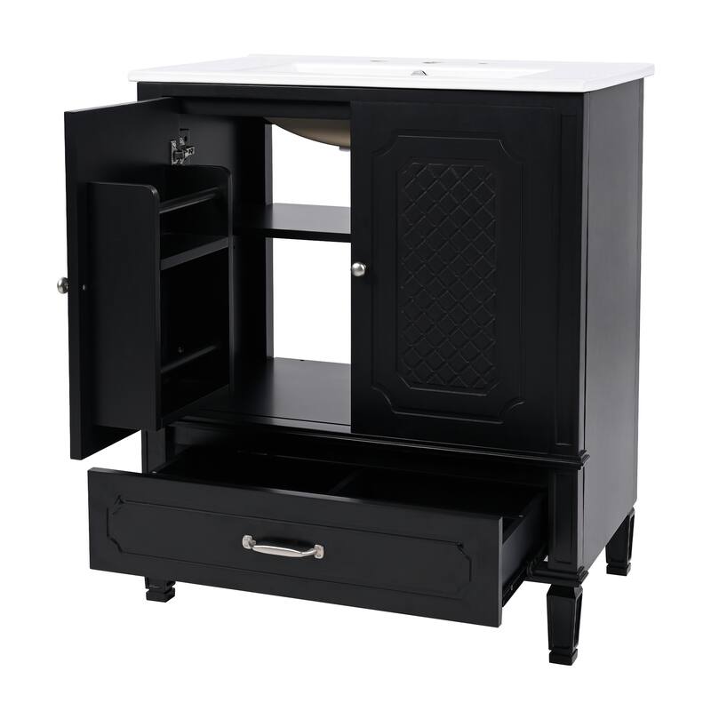 Roomfitters 30" Vintage Style Bathroom Vanity with Ceramic Sink, Customizable Storage Drawer and Soft-Close Door