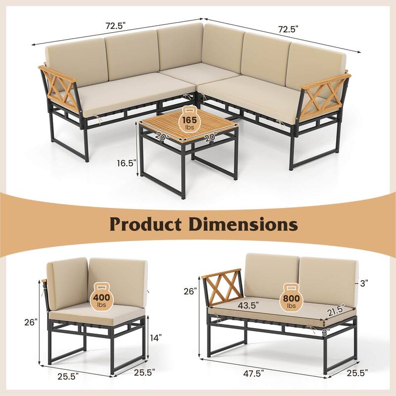 Costway 4 Piece Outdoor Sectional Sofa Set L-Shaped Metal Conversation - See Details