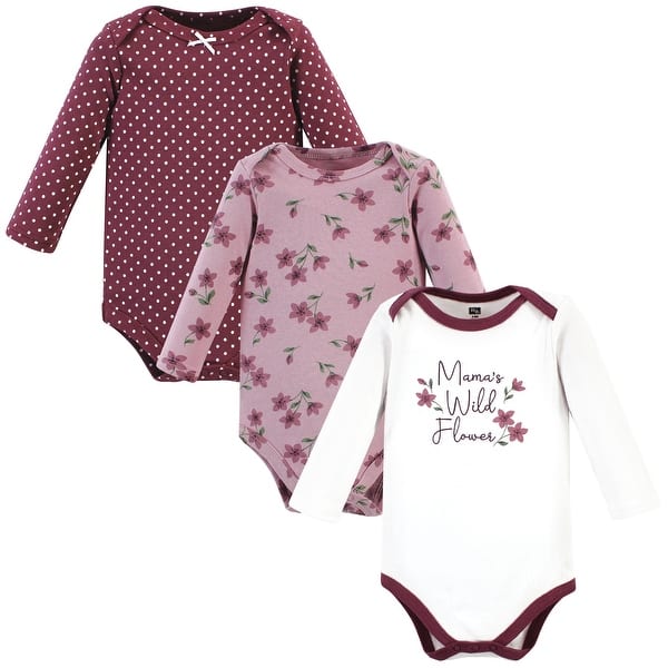 slide 1 of 1, Hudson Baby Infant Girl Cotton Long-Sleeve Bodysuits, Plum Wildflower 3 Pack 0-3 Months - Plum Wildflower 3 Pack