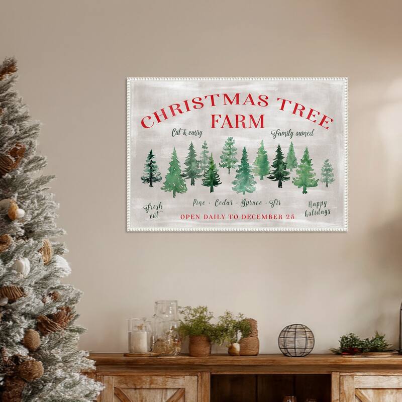 Christmas Tree Farm Sign by Rosana Laiz Blursbyai Framed Canvas Wall Art Print - Sylvie Beaded White