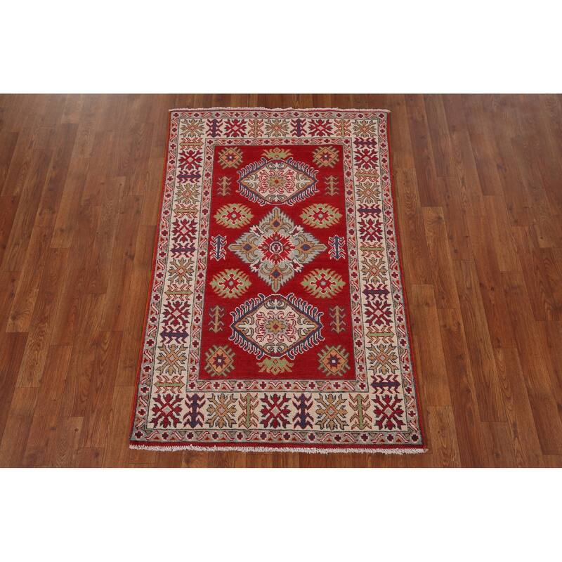 Red Kazak Oriental Accent Rug Handmade Traditional Wool Carpet - 3'2" x 4'10"