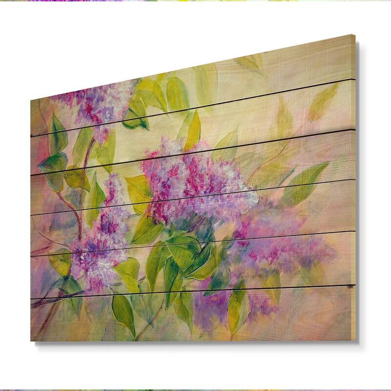 Designart 'Modern Purple Lilac Flowers VII' Traditional Wood Wall Art - Natural Pine Wood
