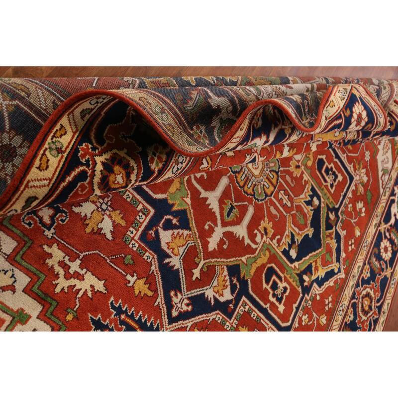 Orange Geometric Heriz Serapi Indian Area Rug Handmade Wool Carpet - 9'1" x 11'8"