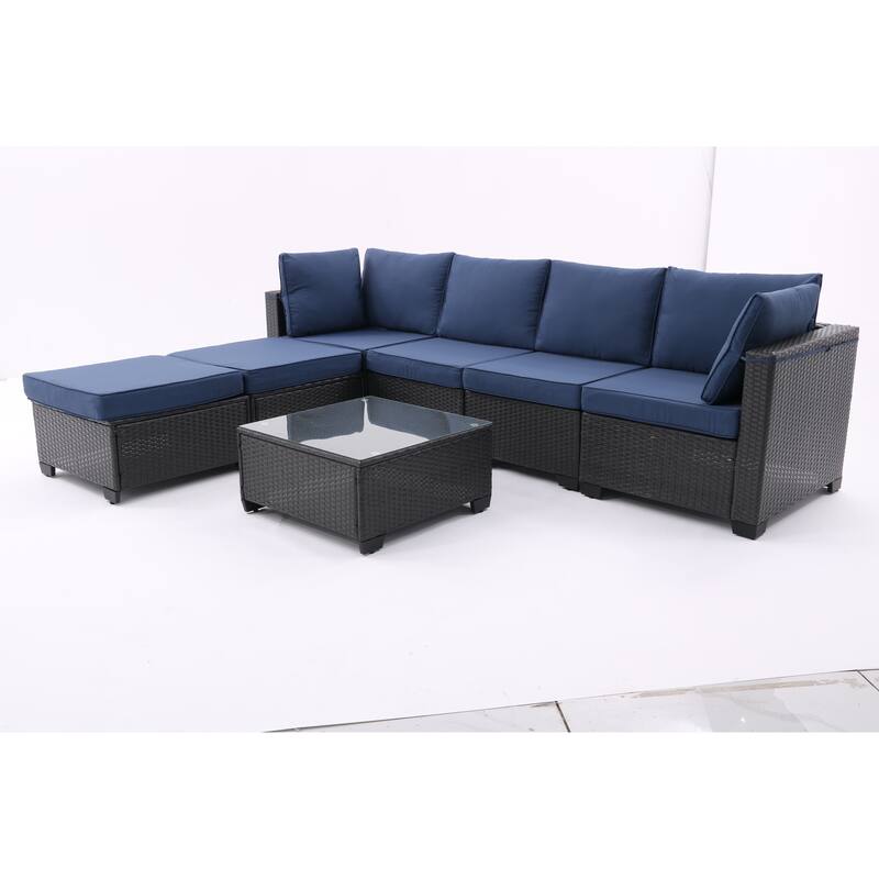Modern Patio Sectional Couch Furniture Set,Coffee Rattan Sofa Set with Corner Chairs,Ottomans and Glass Top Table,Blue Cushions