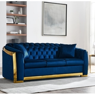 Velvet Chesterfield Sofa Set - 3-Seat Tufted Couch with Gold Stainless ...