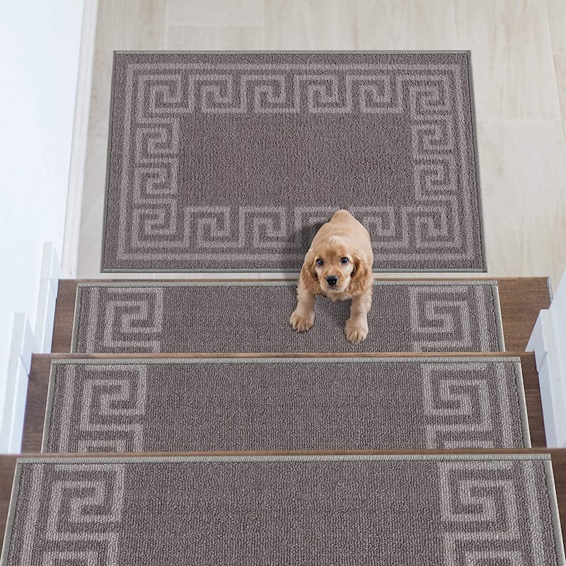 Stair Treads Greek Key Meander Design Non Slip Backing, 8.5''X26'' - Set of 13 - Gray