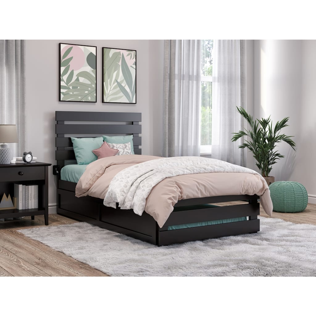 Twin Bed with Trundle - Espresso Finish, Modern Farmhouse Style, Solid Wood Frame, Easy Assembly