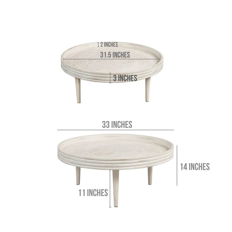 33 Inch Coffee Table, Solid Mango Wood, Handcrafted Round Grooved Raised Edge Distressed White