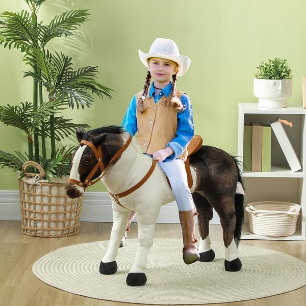 slide 2 of 9, Qaba Ride on Horse for Toddlers 3-8 Years Old, with Neighing Sound, Stuffed Animal Horse Toy for Kids with Padding, Brown Brown