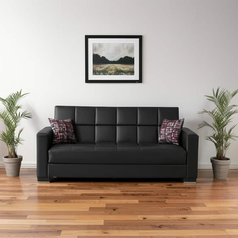 HomeRoots 87" Black Faux Leather Convertible Futon Sleeper Sofa And Toss Pillows With Storage - Black