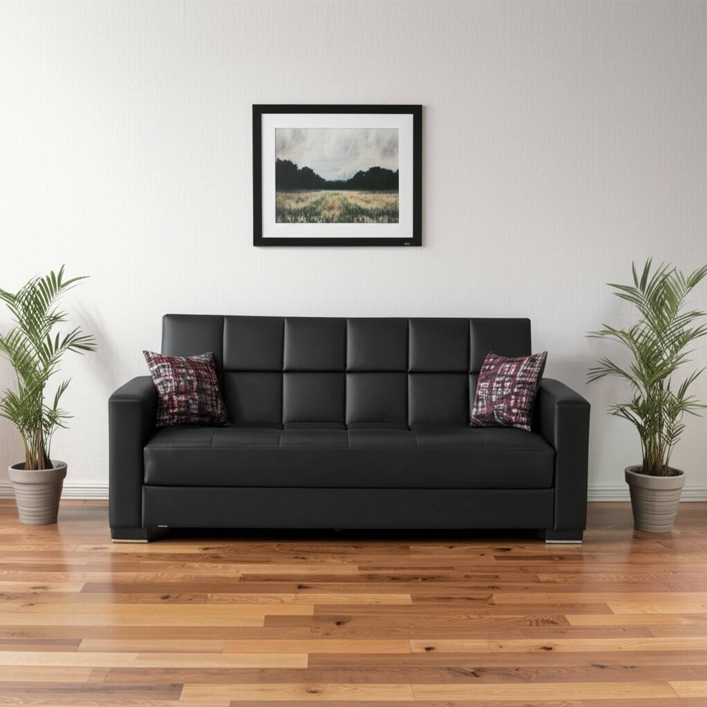 HomeRoots 87" Black Faux Leather Convertible Futon Sleeper Sofa And Toss Pillows With Storage