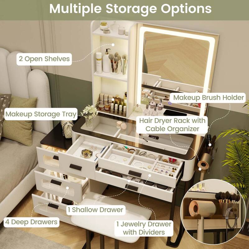 Costway Modern Vanity Desk with Mirror & Lights 3-Color LED Lights & - See Details