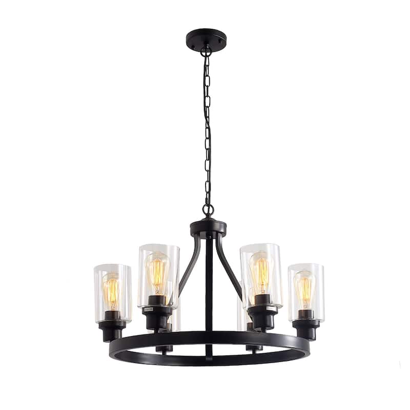 24'' Round Wagon Wheel 6-Light Chandelier Hanging Glass Pendant Light - N/A - Black