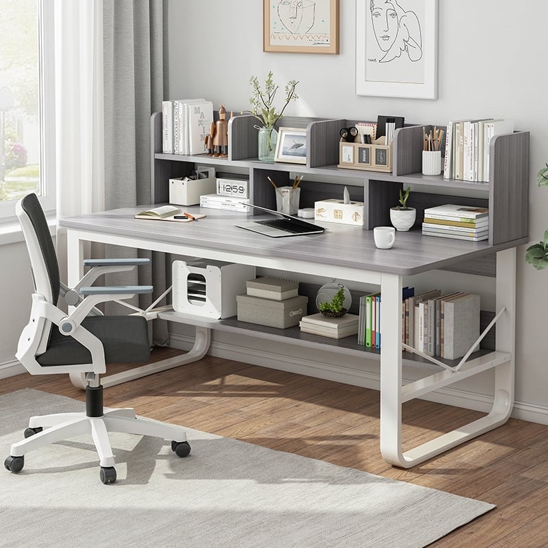Modern Rectangle Premium Multi-Functional Computer Desk with Shelving - Grey White