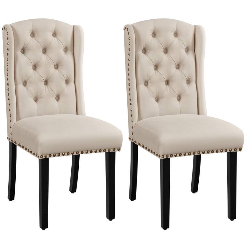Yaheetech 2pcs Upholstered Dining Chair Button Tufted Dining Room Chair with Nailhead Trims - N/A - Beige