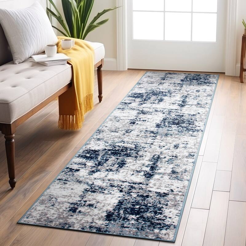 World Rug Gallery Distressed Abstract Area Rug - 2' 7" x 8' - Blue