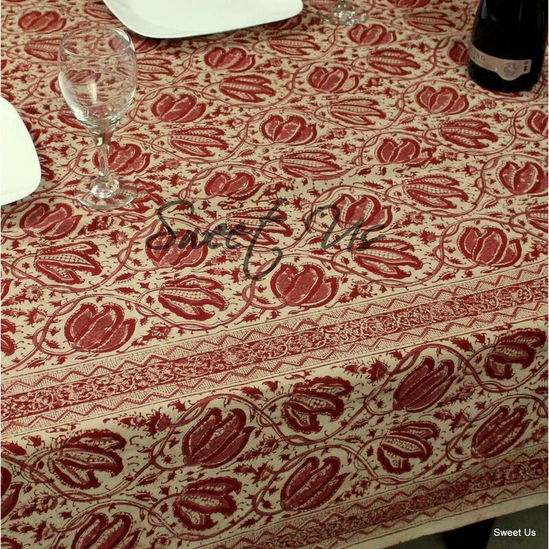 Cotton Vegetable Dye Block Print Rustic Vintage Floral Tablecloth