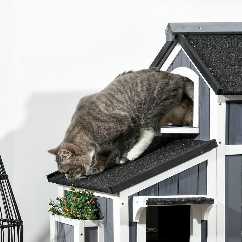PawHut Outdoor Cat House with Weather-resistant Roof & Garden Bed, Outdoor Shelter Enclosure with Multiple Entrances