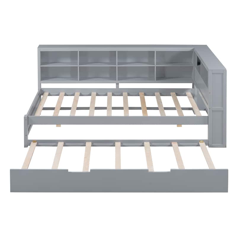 Wooden Twin Size Daybed with Trundle and USB Ports, Storage Shelf