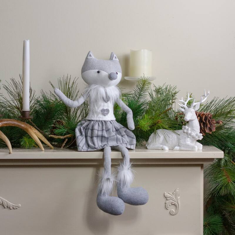 22" Gray and White Girl Fox Sitting Christmas Figure with Dangling Legs