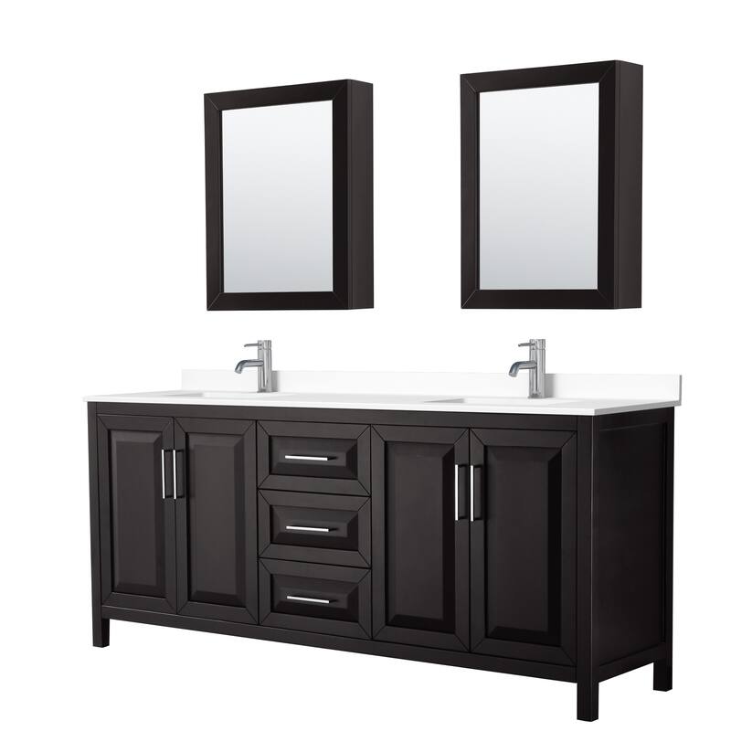 Daria 80 Inch Double Vanity, Cultured Marble Top, Medicine Cabinets - Dark Espresso, Chrome Trim, White Cult. Marble Top