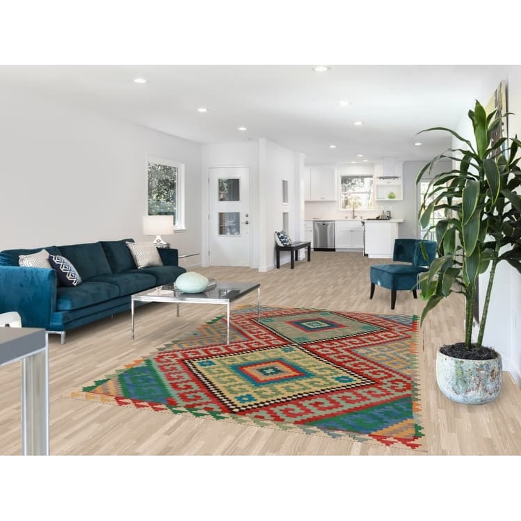 Kilim Oriental Area Rug Flatweave Multi-Color Wool Carpet - 5'10" x 8'7"