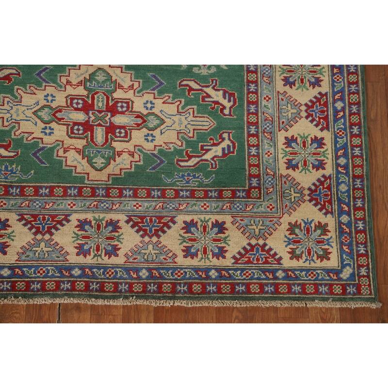 Green Geometric Kazak Area Rug Hand-Knotted Wool Carpet - 4'11" x 6'1"