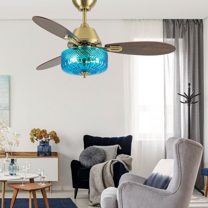 Maeve River of Goods 3-blade 42-inch Glam Indoor Ceiling Fan with Blue Hand-Cut Glass Shade and Remote Control